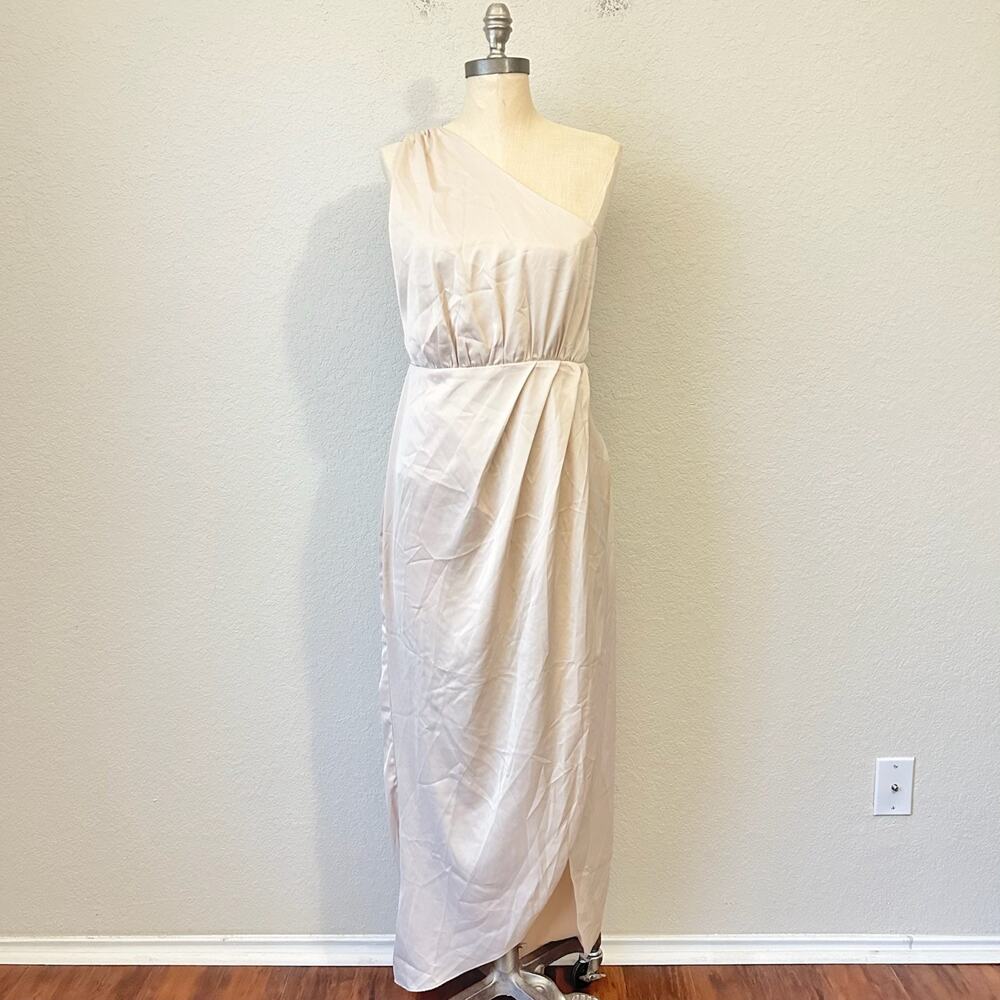 OLIA Maxi Dress Champagne Satin One Shoulder Asymmetrical Party NWT